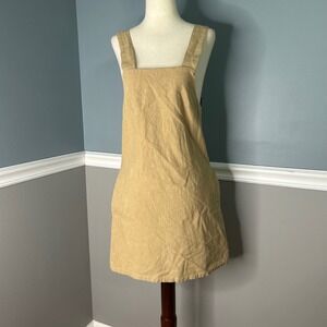 Rusty Tan Linen Blend Pinafore Overall Mini Dress XS Square Neck Pockets retro